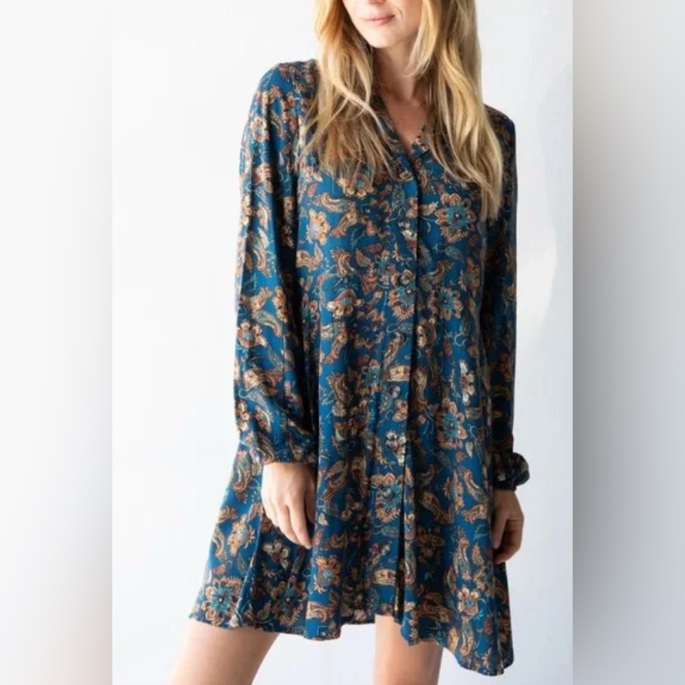 NATURAL LIFE Blue Brown Paisley Long Sleeve Button Dress M